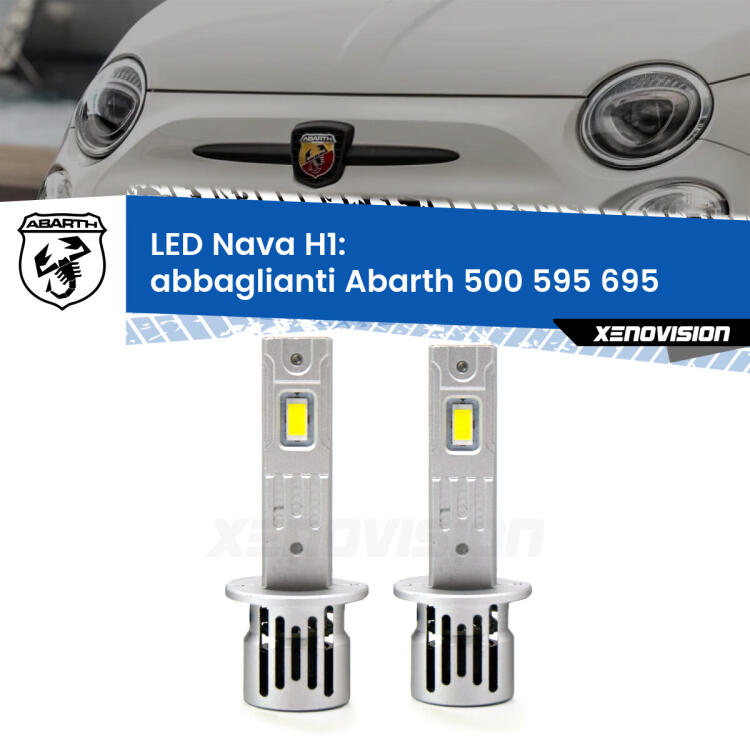 <strong>Abbaglianti LED no-spie per Abarth 500 595 695</strong>  2008 -2014. Coppia lampade <strong> H1</strong> modello Nava canbus, raffreddate a ventola.