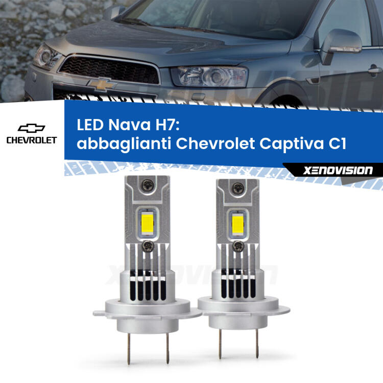 <strong>Abbaglianti LED no-spie per Chevrolet Captiva</strong> C1 2016 -2018. Coppia lampade <strong>H7</strong> modello Nava canbus, raffreddate a ventola.