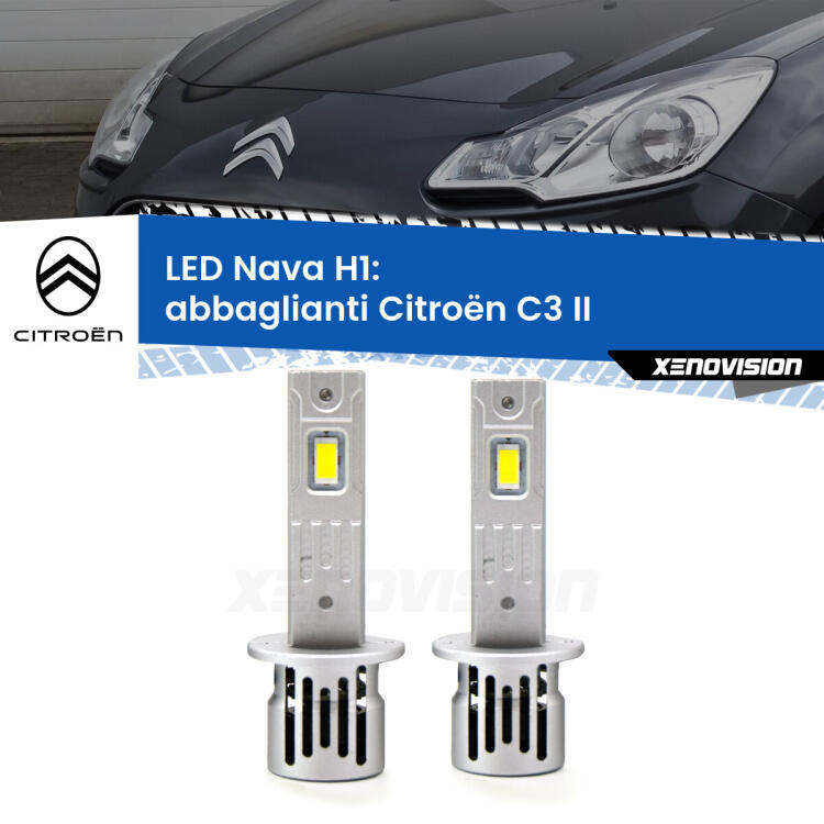 <strong>Abbaglianti LED no-spie per Citroën C3</strong> II 2009 -2016. Coppia lampade <strong> H1</strong> modello Nava canbus, raffreddate a ventola.