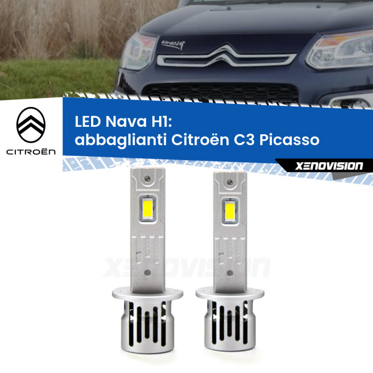 <strong>Abbaglianti LED no-spie per Citroën C3 Picasso</strong>  2009 -2016. Coppia lampade <strong> H1</strong> modello Nava canbus, raffreddate a ventola.