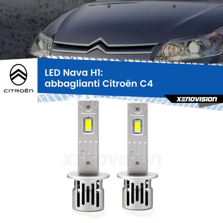<strong>Abbaglianti LED no-spie per Citroën C4</strong>  2004 -2011. Coppia lampade <strong> H1</strong> modello Nava canbus, raffreddate a ventola.