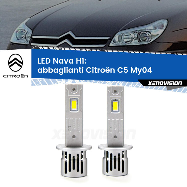 <strong>Abbaglianti LED no-spie per Citroën C5</strong> My04 2004 -2008. Coppia lampade <strong> H1</strong> modello Nava canbus, raffreddate a ventola.