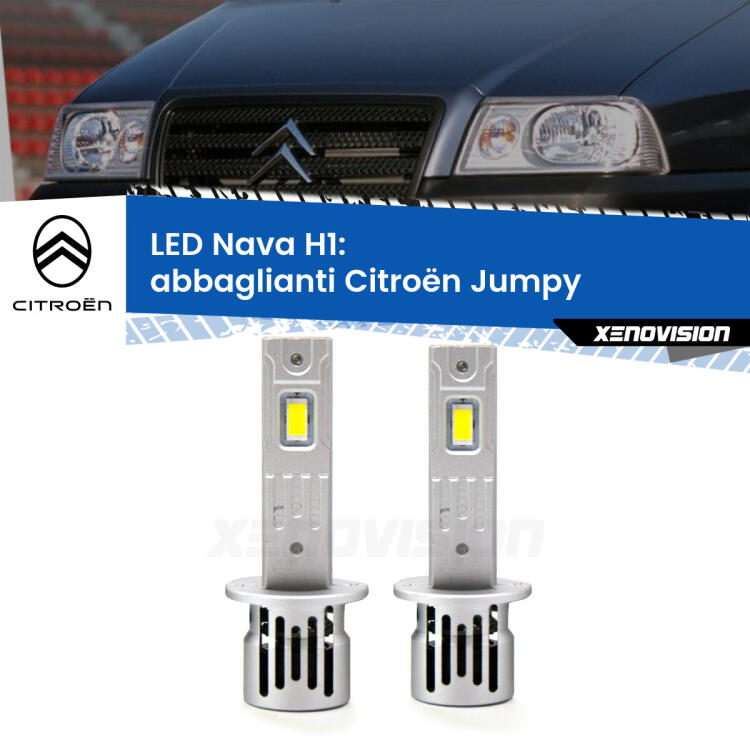 <strong>Abbaglianti LED no-spie per Citroën Jumpy</strong>  1994 -2005. Coppia lampade <strong> H1</strong> modello Nava canbus, raffreddate a ventola.