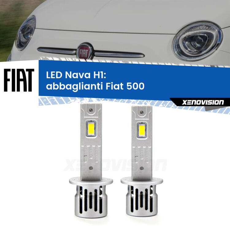 <strong>Abbaglianti LED no-spie per Fiat 500</strong>  2007 -2014. Coppia lampade <strong> H1</strong> modello Nava canbus, raffreddate a ventola.