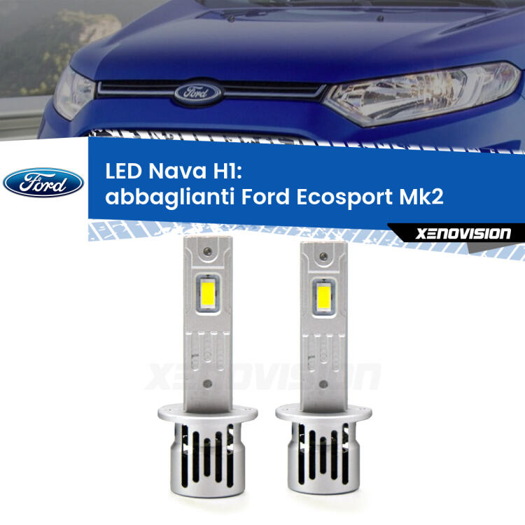 <strong>Abbaglianti LED no-spie per Ford Ecosport</strong> II 2018 -2016. Coppia lampade <strong> H1</strong> modello Nava canbus, raffreddate a ventola.