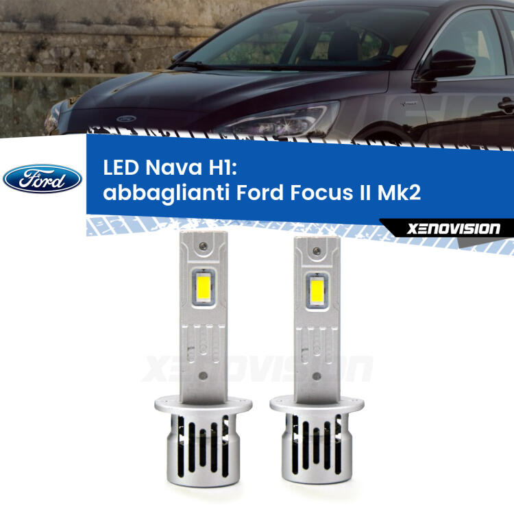 <strong>Abbaglianti LED no-spie per Ford Focus</strong> Mk2 2004 -2011. Coppia lampade <strong> H1</strong> modello Nava canbus, raffreddate a ventola.