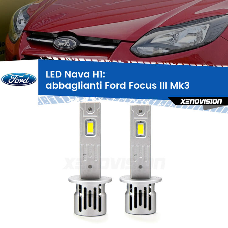 <strong>Abbaglianti LED no-spie per Ford Focus</strong> Mk3 senza luci diurne. Coppia lampade <strong> H1</strong> modello Nava canbus, raffreddate a ventola.