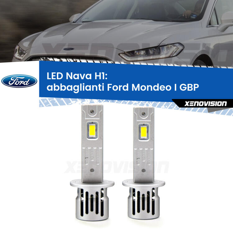 <strong>Abbaglianti LED no-spie per Ford Mondeo I</strong> GBP 1993 -1996. Coppia lampade <strong> H1</strong> modello Nava canbus, raffreddate a ventola.