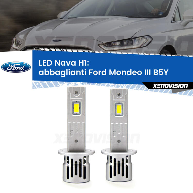 <strong>Abbaglianti LED no-spie per Ford Mondeo III</strong> B5Y 2000 -2007. Coppia lampade <strong> H1</strong> modello Nava canbus, raffreddate a ventola.