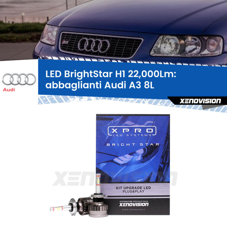 <strong>Kit LED abbaglianti per Audi A3</strong> 8L 1996 -2000. </strong>Due lampade Canbus H1 Brightstar da 22,000 Lumen. Qualità Massima.