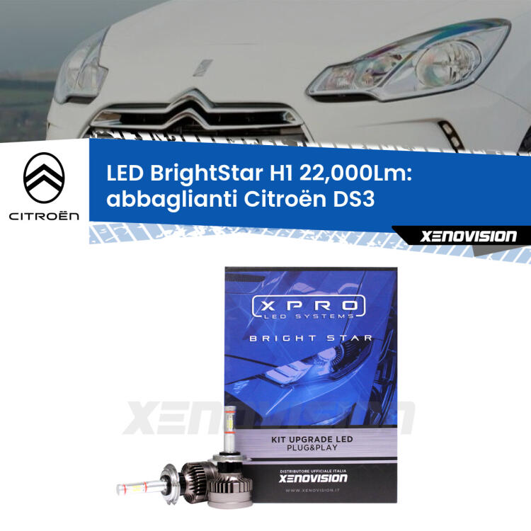 <strong>Kit LED abbaglianti per Citroën DS3</strong>  2009 -2015. </strong>Due lampade Canbus H1 Brightstar da 22,000 Lumen. Qualità Massima.