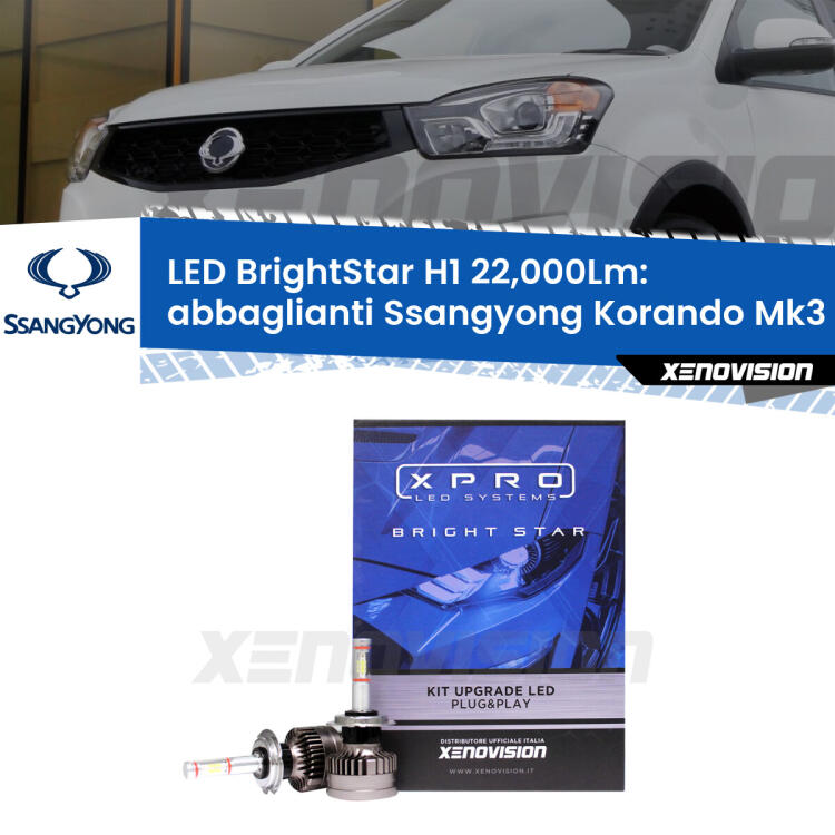 <strong>Kit LED abbaglianti per Ssangyong Korando</strong> Mk3 2013 -2019. </strong>Due lampade Canbus H1 Brightstar da 22,000 Lumen. Qualità Massima.