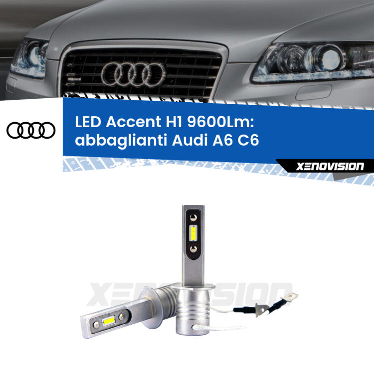 <strong>Kit LED Abbaglianti per Audi A6</strong> C6 2004 -2008.</strong> Coppia lampade <strong>H1</strong> senza ventola e ultracompatte per installazioni in fari senza spazi.