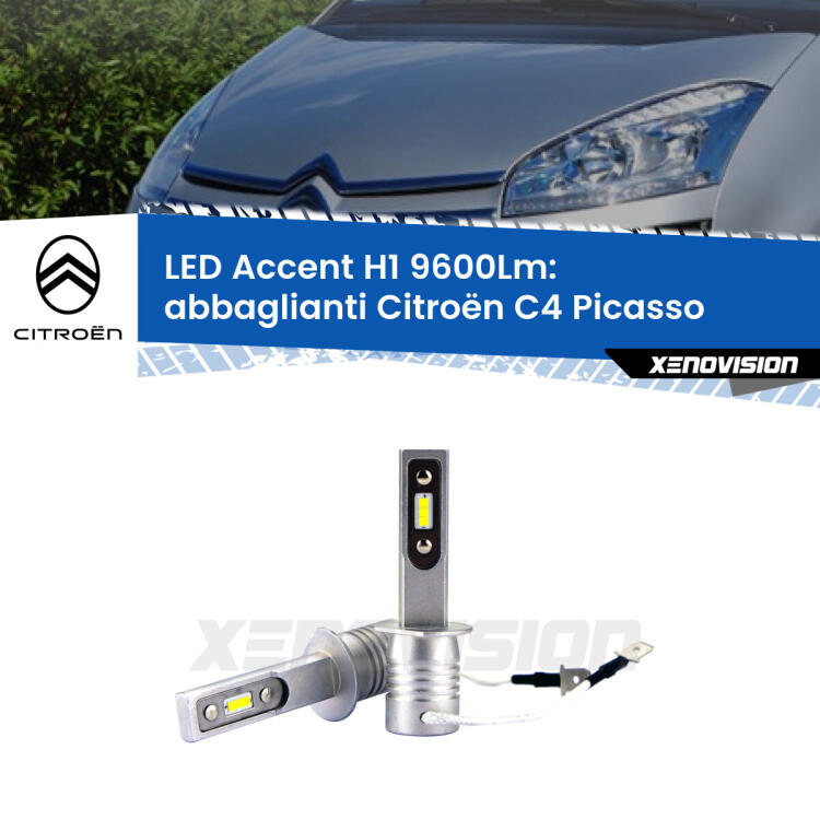 <strong>Kit LED Abbaglianti per Citroën C4 Picasso</strong>  2006 -2013.</strong> Coppia lampade <strong>H1</strong> senza ventola e ultracompatte per installazioni in fari senza spazi.