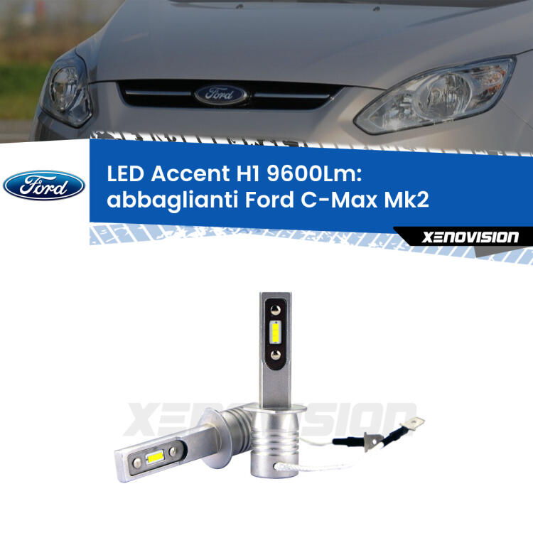 <strong>Kit LED Abbaglianti per Ford C-Max</strong> Mk2 2011 -2019.</strong> Coppia lampade <strong>H1</strong> senza ventola e ultracompatte per installazioni in fari senza spazi.