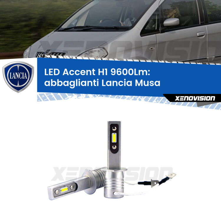 <strong>Kit LED Abbaglianti per Lancia Musa</strong>  2004 -2007.</strong> Coppia lampade <strong>H1</strong> senza ventola e ultracompatte per installazioni in fari senza spazi.