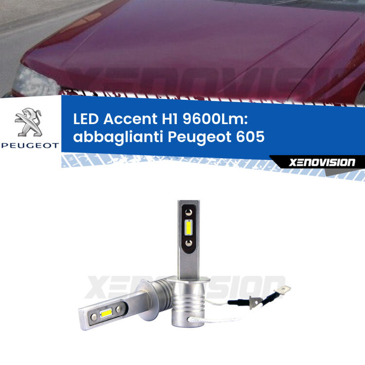 <strong>Kit LED Abbaglianti per Peugeot 605</strong>  1989 -1994.</strong> Coppia lampade <strong>H1</strong> senza ventola e ultracompatte per installazioni in fari senza spazi.