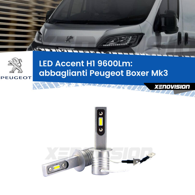 <strong>Kit LED Abbaglianti per Peugeot Boxer</strong> Mk3 2006 -2014.</strong> Coppia lampade <strong>H1</strong> senza ventola e ultracompatte per installazioni in fari senza spazi.