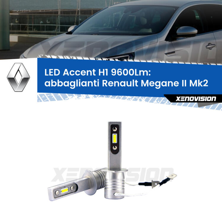 <strong>Kit LED Abbaglianti per Renault Megane II</strong> Mk2 2002 -2007.</strong> Coppia lampade <strong>H1</strong> senza ventola e ultracompatte per installazioni in fari senza spazi.