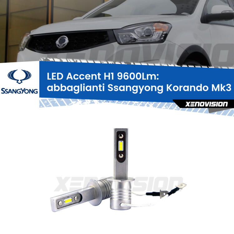 <strong>Kit LED Abbaglianti per Ssangyong Korando</strong> Mk3 2013 -2019.</strong> Coppia lampade <strong>H1</strong> senza ventola e ultracompatte per installazioni in fari senza spazi.