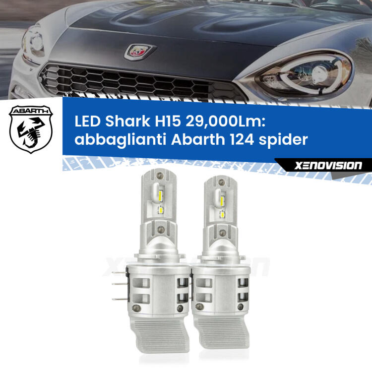 <strong>Kit abbaglianti LED per Abarth 124 spider</strong>  2016 -2019. Lampade <strong>H15</strong> doppia funzione (diurne + abbaglianti) Canbus modello Shark Xenovision.
