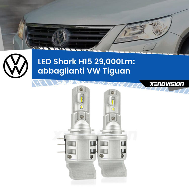 <strong>Kit abbaglianti LED per VW Tiguan</strong>  2012 -2018. Lampade <strong>H15</strong> doppia funzione (diurne + abbaglianti) Canbus modello Shark Xenovision.