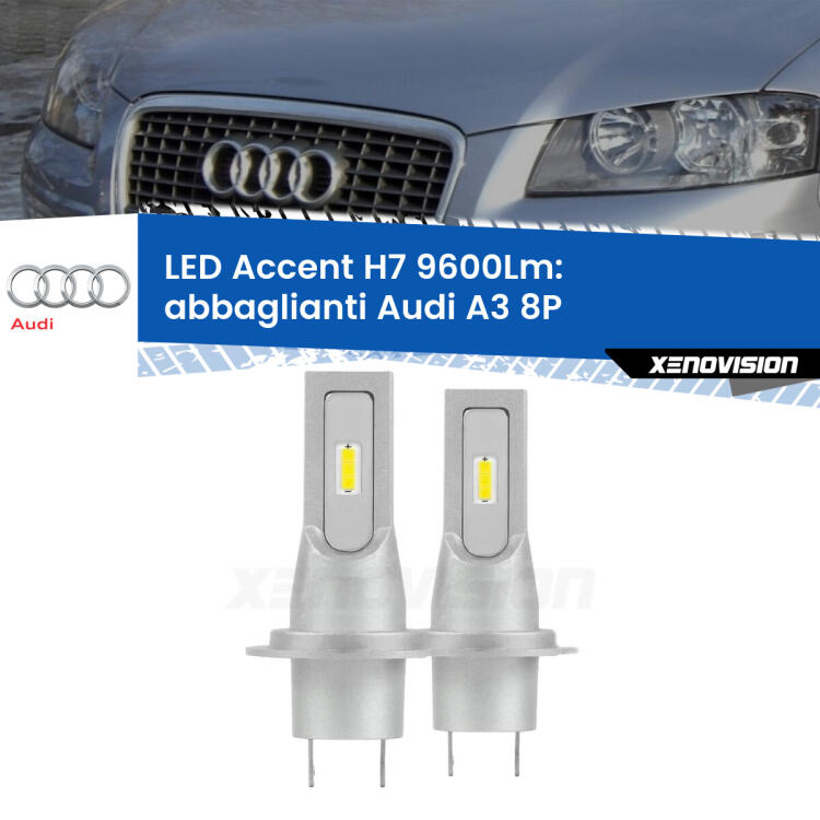 <strong>Kit LED Abbaglianti per Audi A3</strong> 8P 2003 -2012.</strong> Coppia lampade <strong>H7</strong> senza ventola e ultracompatte per installazioni in fari senza spazi.