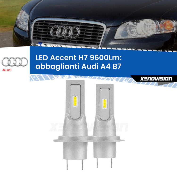 <strong>Kit LED Abbaglianti per Audi A4</strong> B7 2004 -2008.</strong> Coppia lampade <strong>H7</strong> senza ventola e ultracompatte per installazioni in fari senza spazi.