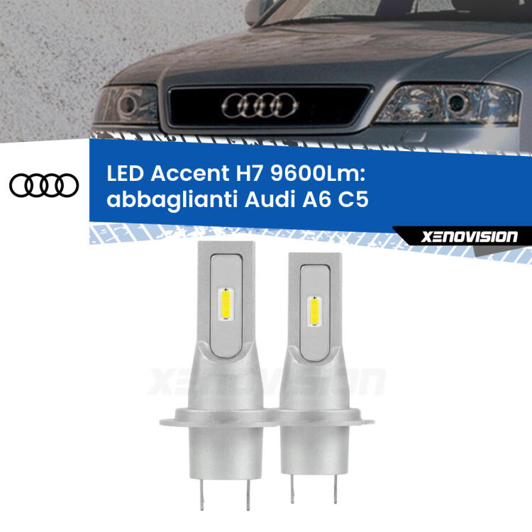 <strong>Kit LED Abbaglianti per Audi A6</strong> C5 1997 -2004.</strong> Coppia lampade <strong>H7</strong> senza ventola e ultracompatte per installazioni in fari senza spazi.