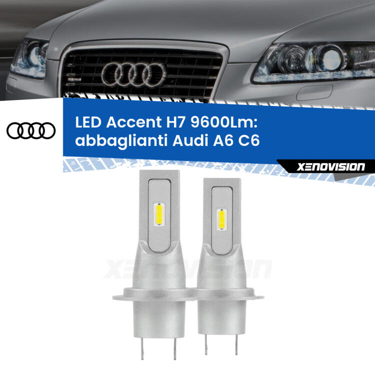 <strong>Kit LED Abbaglianti per Audi A6</strong> C6 dal 2009, con fari Bi-Xenon.</strong> Coppia lampade <strong>H7</strong> senza ventola e ultracompatte per installazioni in fari senza spazi.