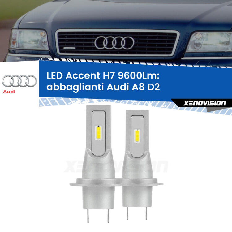 <strong>Kit LED Abbaglianti per Audi A8</strong> D2 1999 -2002.</strong> Coppia lampade <strong>H7</strong> senza ventola e ultracompatte per installazioni in fari senza spazi.