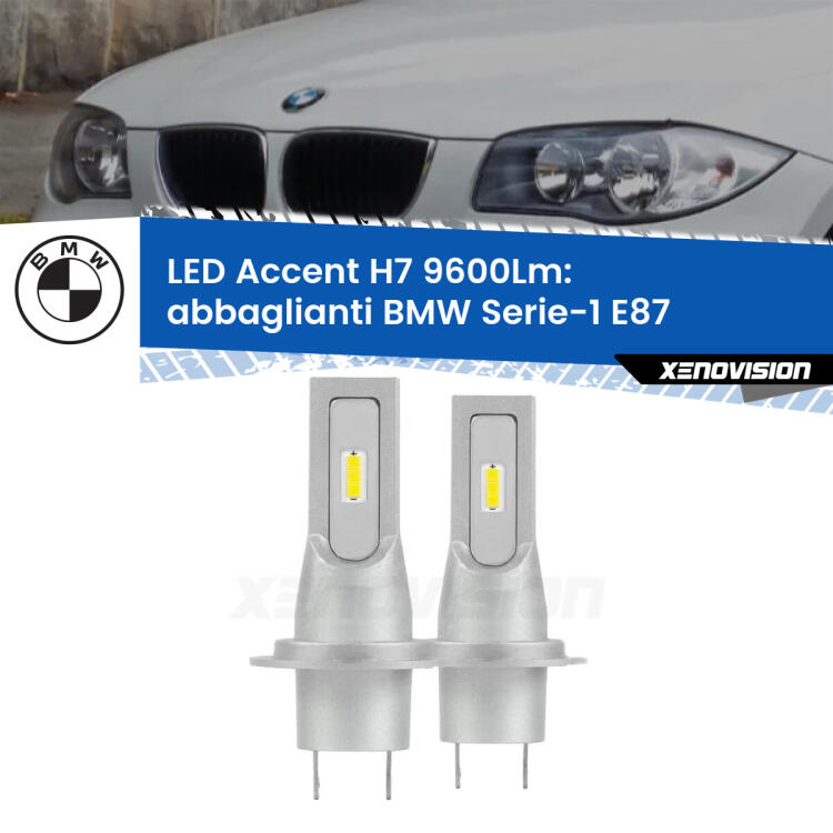 <strong>Kit LED Abbaglianti per BMW Serie-1</strong> E87 2003 -2012.</strong> Coppia lampade <strong>H7</strong> senza ventola e ultracompatte per installazioni in fari senza spazi.