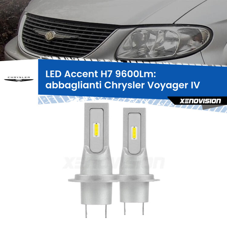 <strong>Kit LED Abbaglianti per Chrysler Voyager IV</strong>  2000 -2004.</strong> Coppia lampade <strong>H7</strong> senza ventola e ultracompatte per installazioni in fari senza spazi.