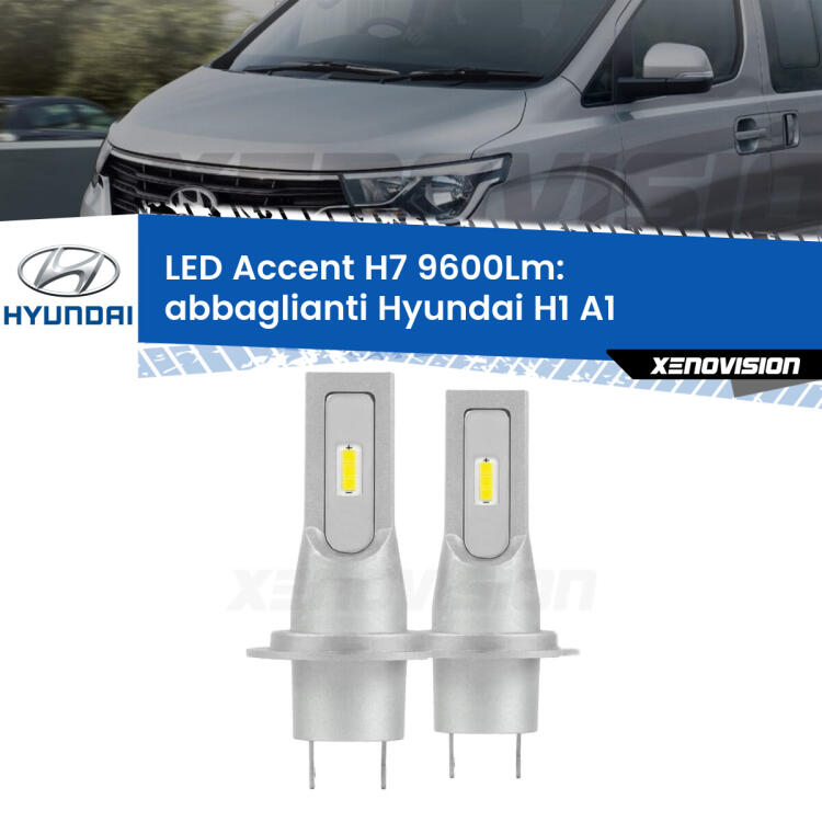 <strong>Kit LED Abbaglianti per Hyundai H1</strong> A1 2000 -2008.</strong> Coppia lampade <strong>H7</strong> senza ventola e ultracompatte per installazioni in fari senza spazi.