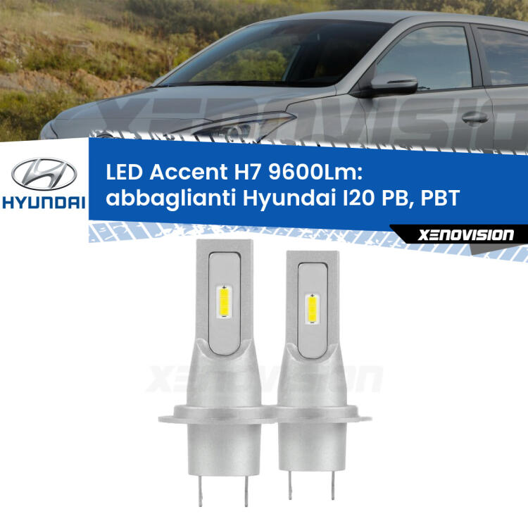 <strong>Kit LED Abbaglianti per Hyundai I20</strong> PB, PBT a parabola doppia.</strong> Coppia lampade <strong>H7</strong> senza ventola e ultracompatte per installazioni in fari senza spazi.
