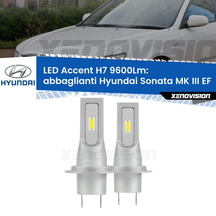 <strong>Kit LED Abbaglianti per Hyundai Sonata MK III</strong> EF 1998 -2002.</strong> Coppia lampade <strong>H7</strong> senza ventola e ultracompatte per installazioni in fari senza spazi.