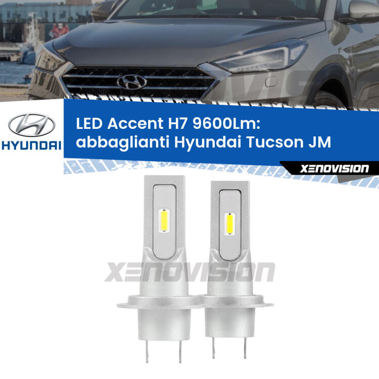 <strong>Kit LED Abbaglianti per Hyundai Tucson</strong> JM 2004 -2013.</strong> Coppia lampade <strong>H7</strong> senza ventola e ultracompatte per installazioni in fari senza spazi.