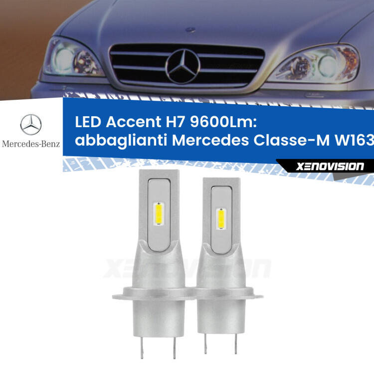 <strong>Kit LED Abbaglianti per Mercedes Classe-M</strong> W163 2000 -2005.</strong> Coppia lampade <strong>H7</strong> senza ventola e ultracompatte per installazioni in fari senza spazi.