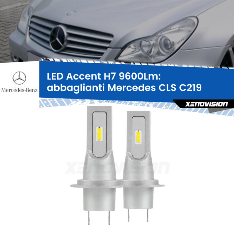 <strong>Kit LED Abbaglianti per Mercedes CLS</strong> C219 2004 -2010.</strong> Coppia lampade <strong>H7</strong> senza ventola e ultracompatte per installazioni in fari senza spazi.