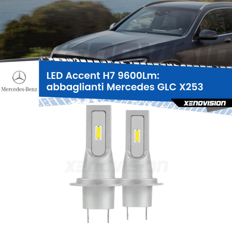 <strong>Kit LED Abbaglianti per Mercedes GLC</strong> X253 2015 -2019.</strong> Coppia lampade <strong>H7</strong> senza ventola e ultracompatte per installazioni in fari senza spazi.