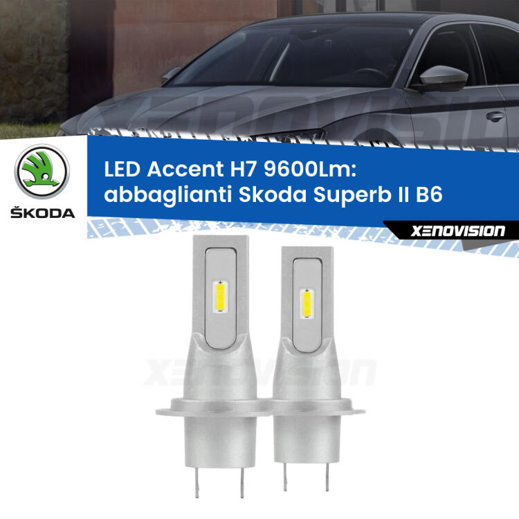 <strong>Kit LED Abbaglianti per Skoda Superb II</strong> B6 dal 2014, con fari Bi-Xenon.</strong> Coppia lampade <strong>H7</strong> senza ventola e ultracompatte per installazioni in fari senza spazi.