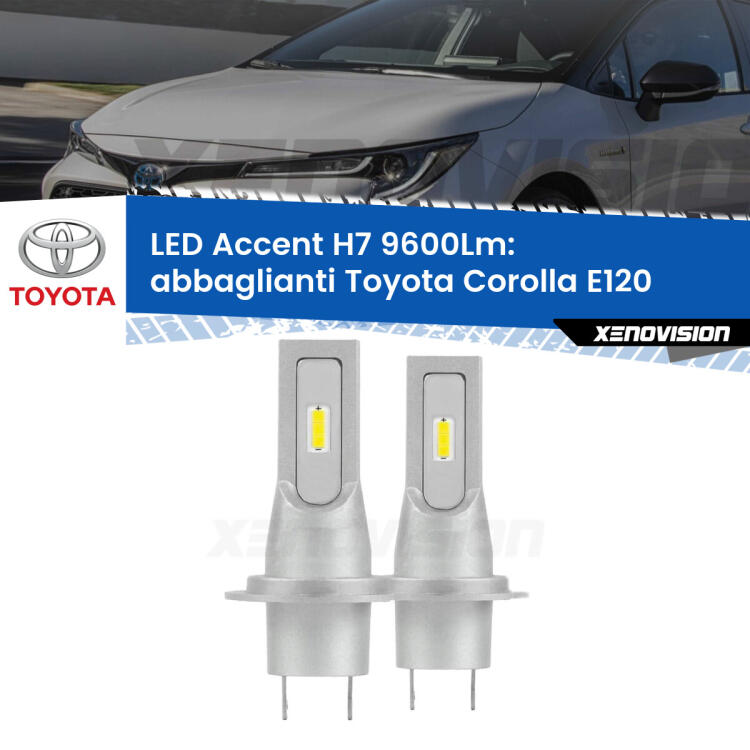 <strong>Kit LED Abbaglianti per Toyota Corolla</strong> E120 2002 -2007.</strong> Coppia lampade <strong>H7</strong> senza ventola e ultracompatte per installazioni in fari senza spazi.