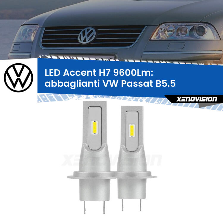 <strong>Kit LED Abbaglianti per VW Passat</strong> B5.5 2000 -2005.</strong> Coppia lampade <strong>H7</strong> senza ventola e ultracompatte per installazioni in fari senza spazi.