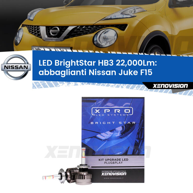 <strong>Kit LED abbaglianti per Nissan Juke</strong> F15 2014 -2018. </strong>Due lampade Canbus HB3 Brightstar da 22,000 Lumen. Qualità Massima.