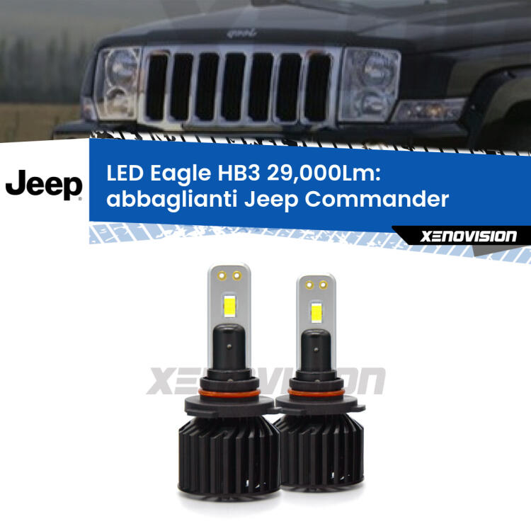 <strong>Kit abbaglianti LED specifico per Jeep Commander</strong>  2005 -2010. Lampade <strong>HB3</strong> Canbus da 29.000Lumen di luminosità modello Eagle Xenovision.