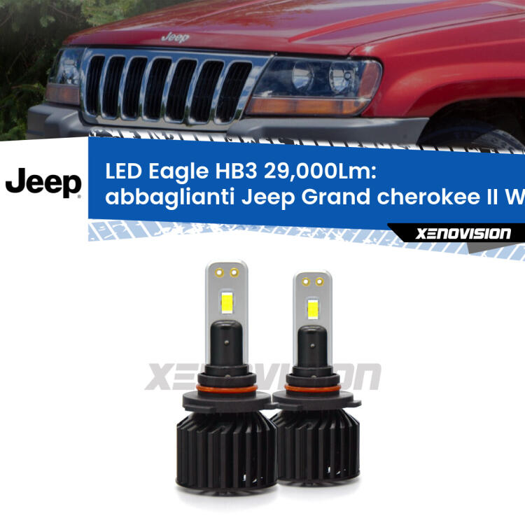 <strong>Kit abbaglianti LED specifico per Jeep Grand cherokee II</strong> WJ, WG 1999 -2004. Lampade <strong>HB3</strong> Canbus da 29.000Lumen di luminosità modello Eagle Xenovision.
