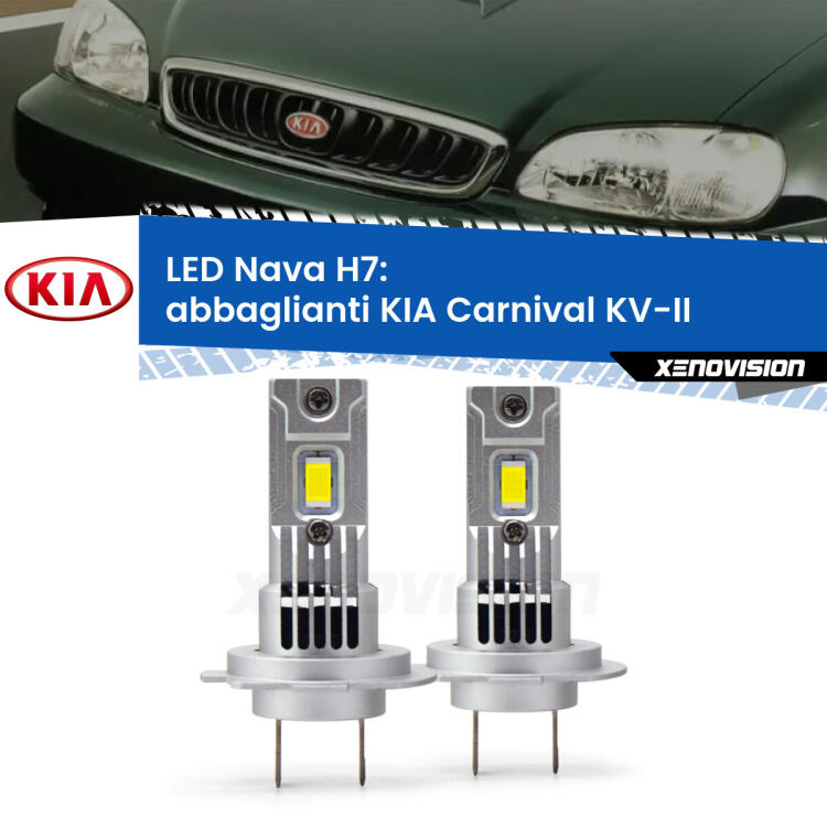 <strong>Abbaglianti LED no-spie per KIA Carnival</strong> KV-II 1998 -2004. Coppia lampade <strong>H7</strong> modello Nava canbus, raffreddate a ventola.