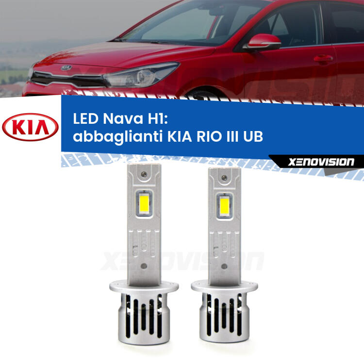 <strong>Abbaglianti LED no-spie per KIA RIO III</strong> UB 2011 -2016. Coppia lampade <strong> H1</strong> modello Nava canbus, raffreddate a ventola.