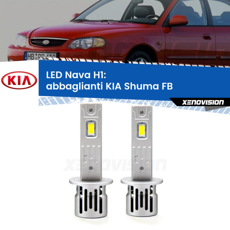 <strong>Abbaglianti LED no-spie per KIA Shuma</strong> FB 1997 -2000. Coppia lampade <strong> H1</strong> modello Nava canbus, raffreddate a ventola.