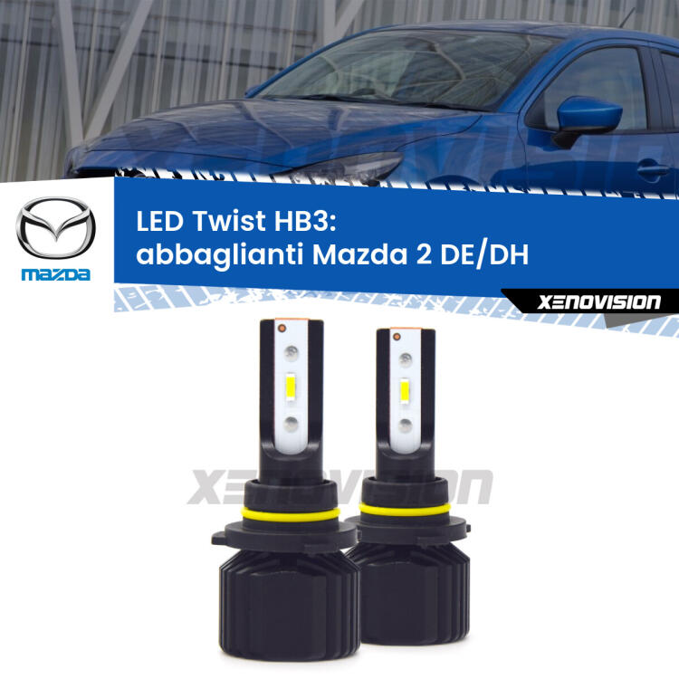 <strong>Kit abbaglianti LED</strong> HB3 per <strong>Mazda 2</strong> DE/DH a parabola doppia. Compatte, impermeabili, senza ventola: praticamente indistruttibili. Top Quality.